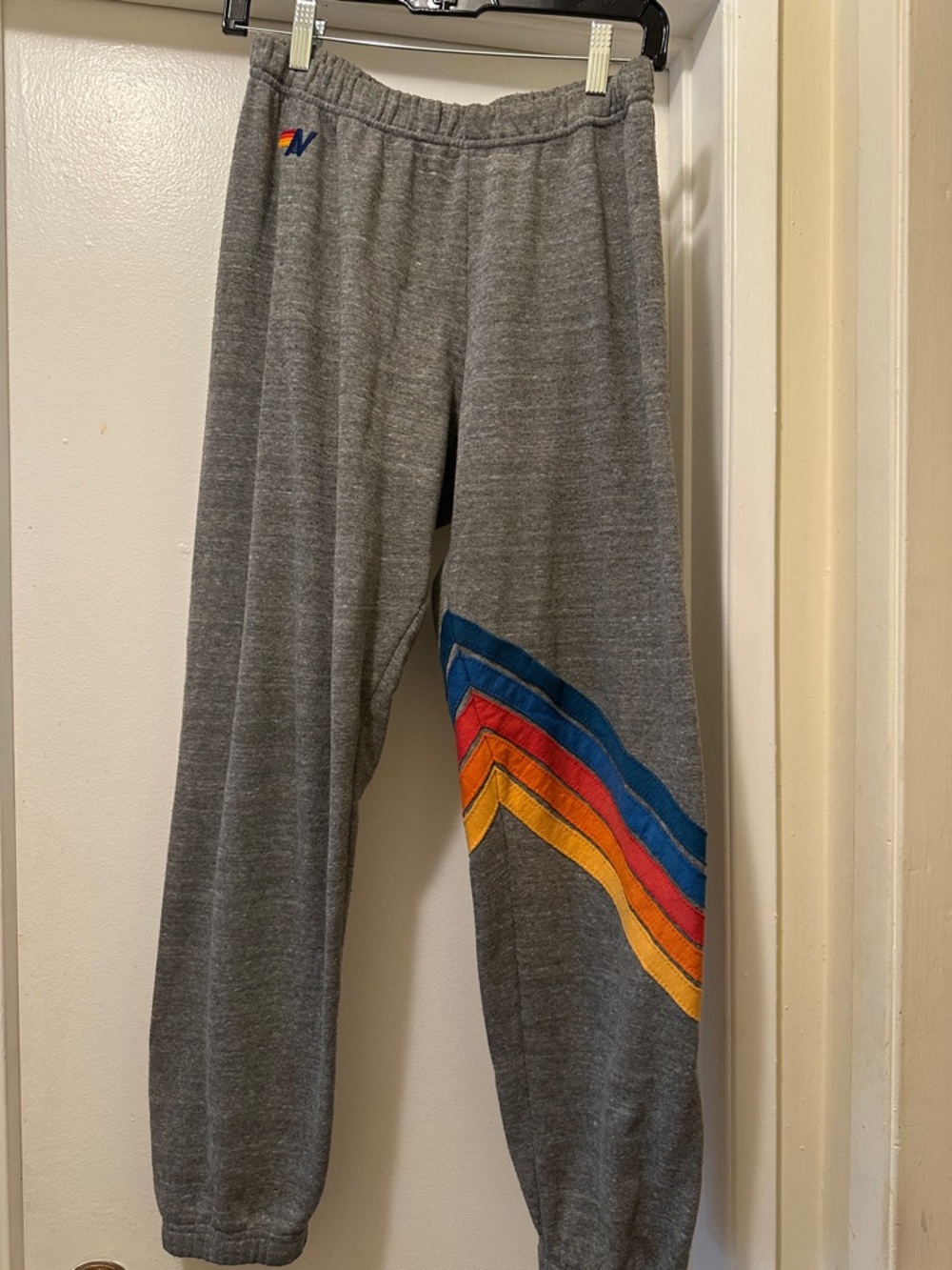Aviator Nation Gray Sweatpants with Blue, Red, Orange & Yellow Stripe size M